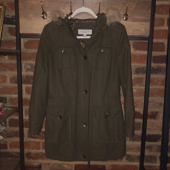 Marc New York Army Green Wool Jacket w/ Fur Hood - Sz 2 - Picture 1 of 14